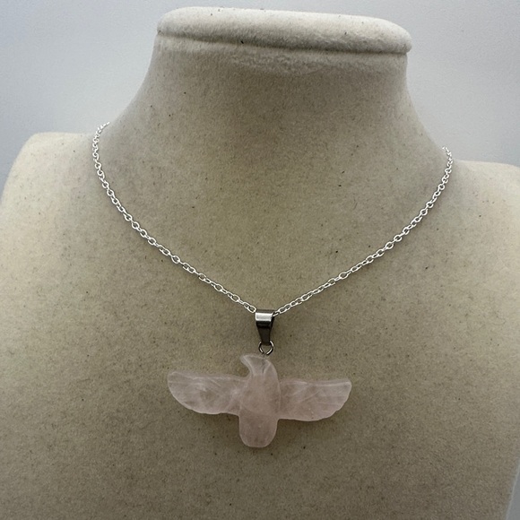 None Jewelry - Rose Quartz Eagle Pendant Necklace on Silver Plated Box Chain
